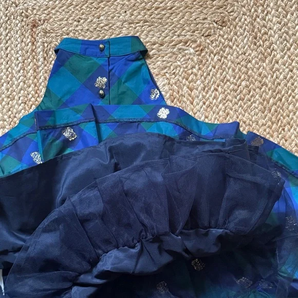 Janie & Jack Blue, Green, and Gold Plaid Party Dress with Bow - Picture 4 of 5